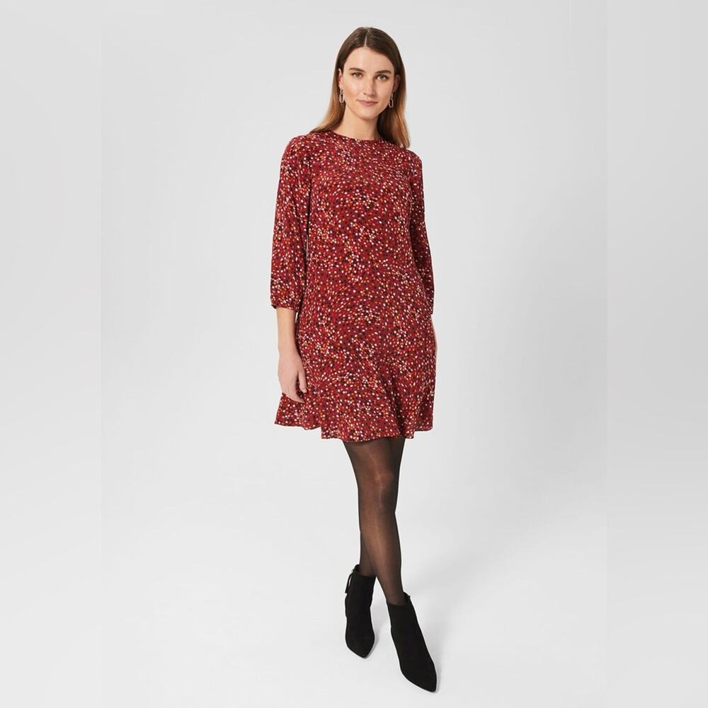 NEW HOBBS London Prim Tunic Dress Womens 14 Cherry Red Multicolor Printed